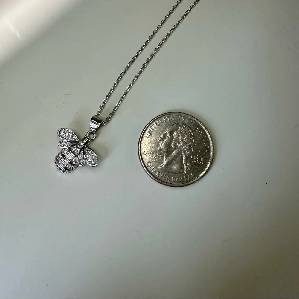 Honey Bee Silver-Tone Cubic Zirconia Pendant w 16” Chain Necklace - Picture 3 of 7